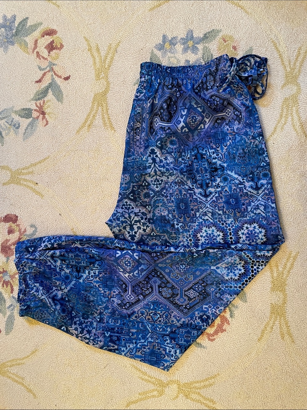 Blue Mosaic Print Elastic Waist Pants